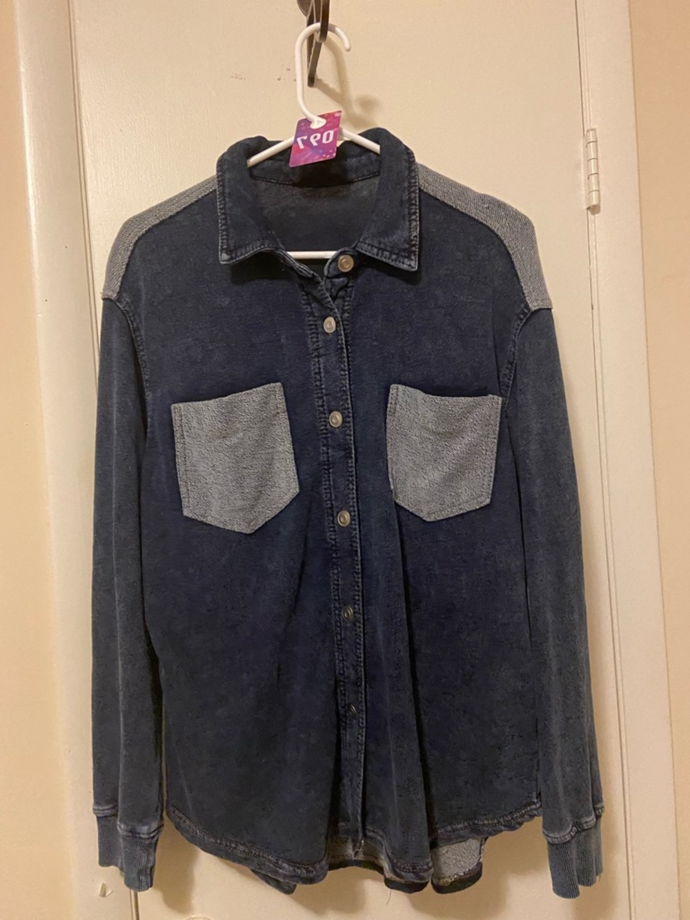 Washed Navy Button-Down Shirt with Contrast Pockets